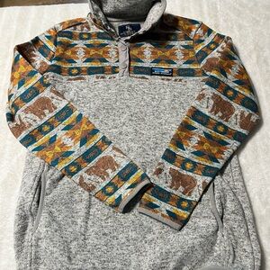 Simply Southern Gray and Brown Crewneck Sweater with Geometric Pattern S